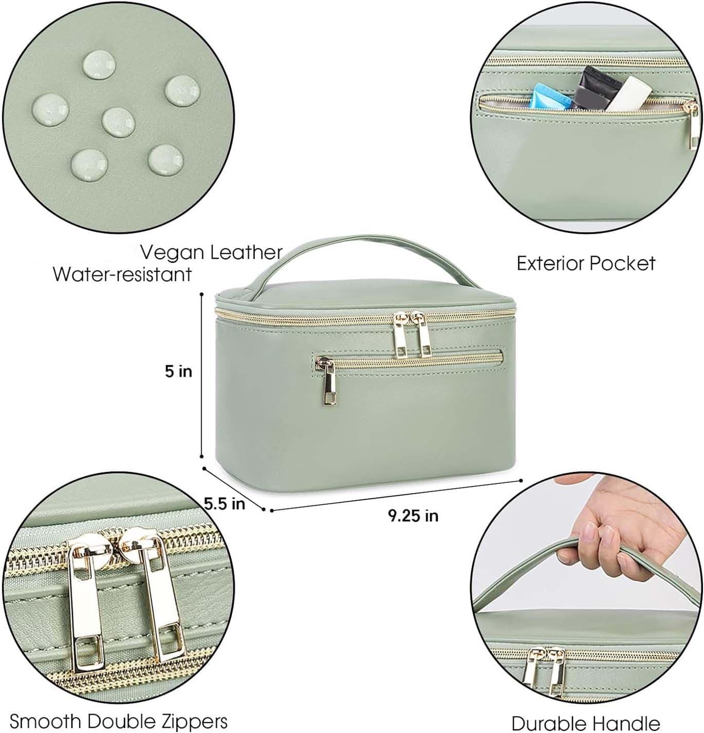 Makeup Bag - Travel Cosmetic Organizer in Vegan Leather | Sage Green, Stylish & Functional