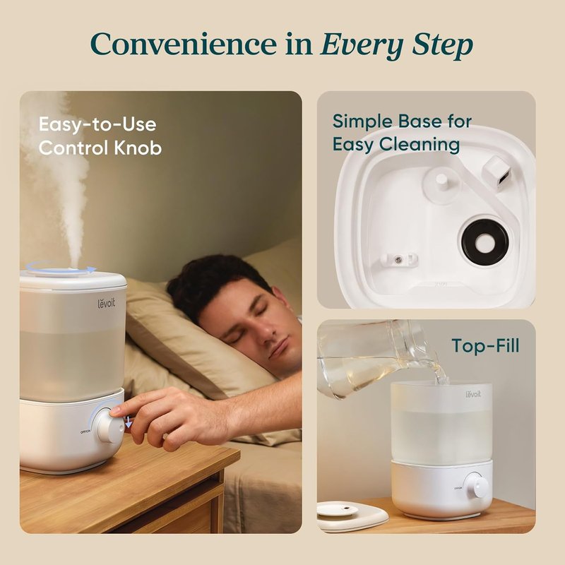 LEVOIT Top Fill Humidifier - 2.5L Quiet Cool Mist for Large Rooms | Easy to Clean, Auto Shut-Off, Ideal for Baby Nursery & Plants
