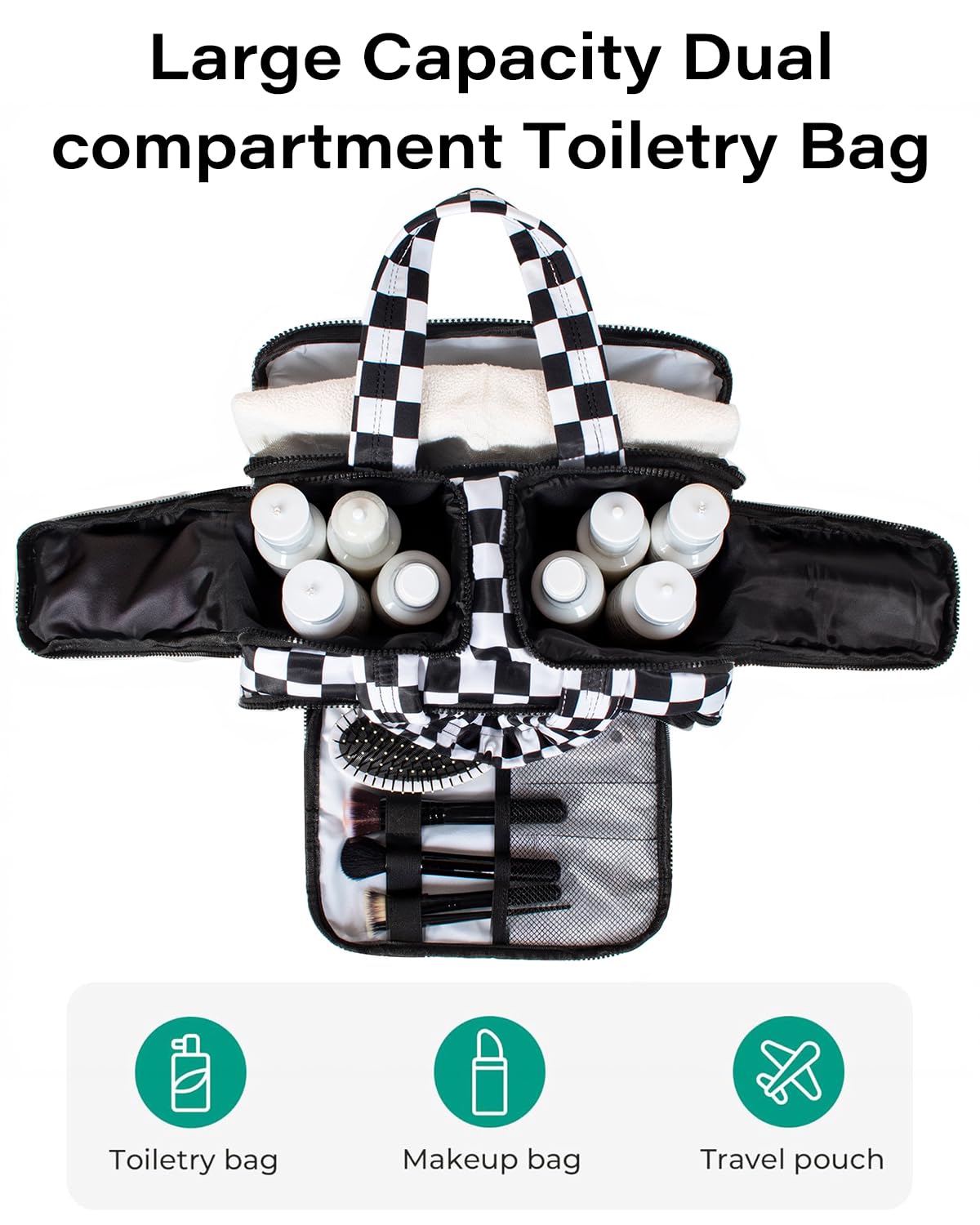 Travel Toiletry Bag, Spacious Checkered Toiletry Bag for Women,Large Toiletry Bags for Traveling,Lightweight Travel Cosmetic Makeup Bag Organizer for Accessories,Toiletries (Black and White Checkered)