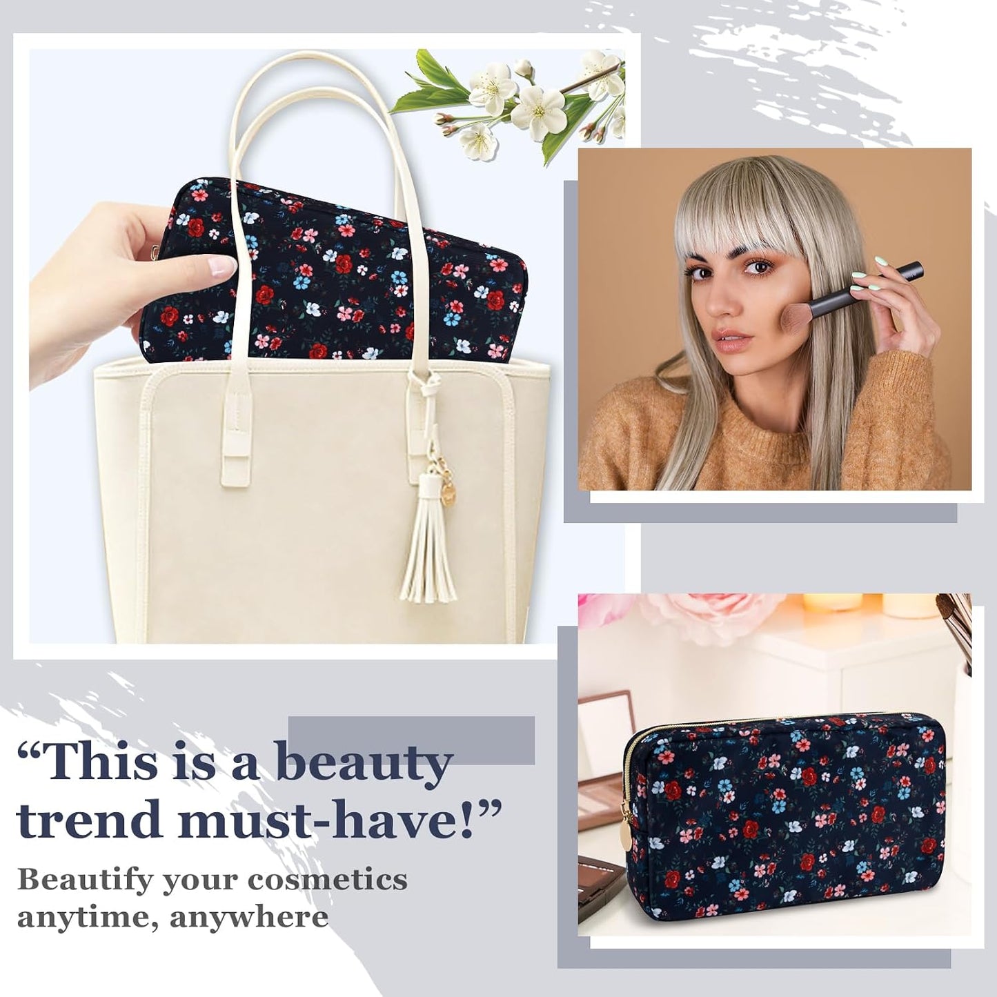 Floral Makeup Bag - Nylon Travel Cosmetic Organizer | Waterproof Zipper Pouch for Women (Green-Daisy)