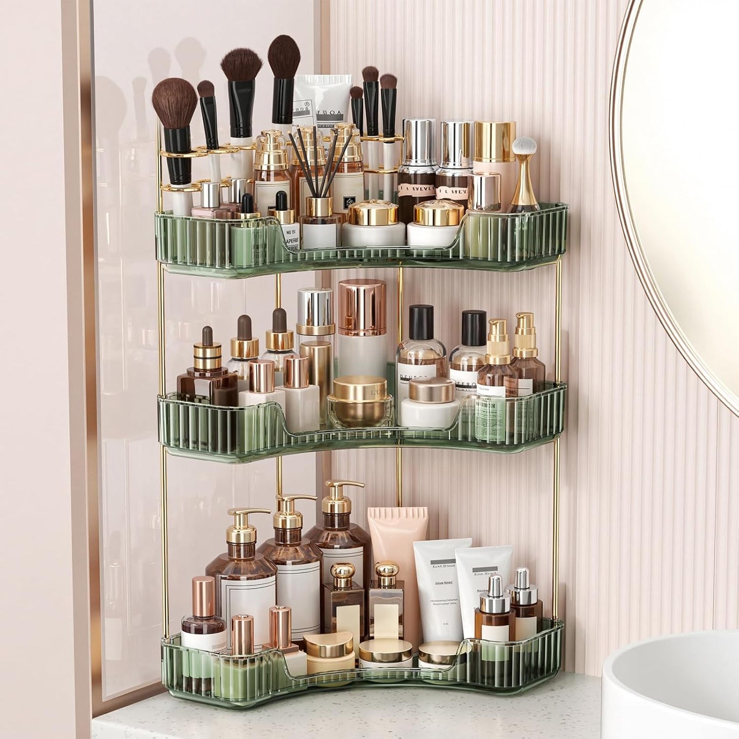 Corner Bathroom Counter Organizer - 3-Tier Makeup & Skincare Storage | Green Vanity Organizer