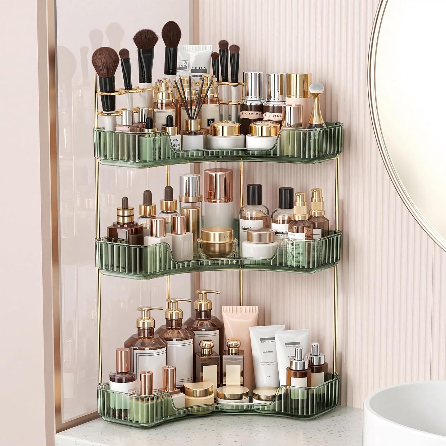 Corner Bathroom Counter Organizer - Upgraded 2-Tier Makeup & Skincare Storage | Clear