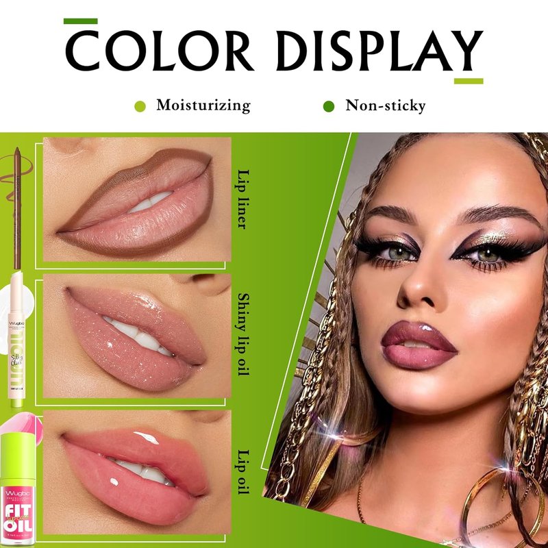 Hydrating Lip Liner & Tinted Lip Oil Set - Lightweight, Non-Sticky Gloss for Women | Brown & Pink Shades