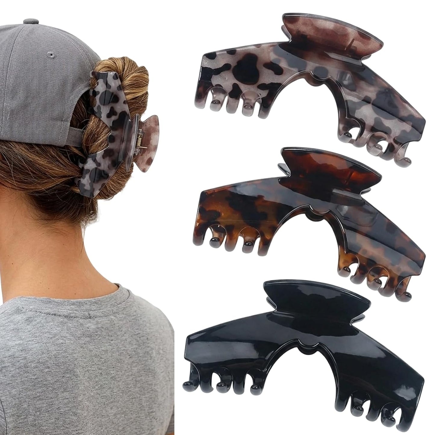 Large Baseball Hair Claw Clips - 3 Pcs Non-Slip Grip for Secure Styling | Perfect for Hats & Outdoor Activities