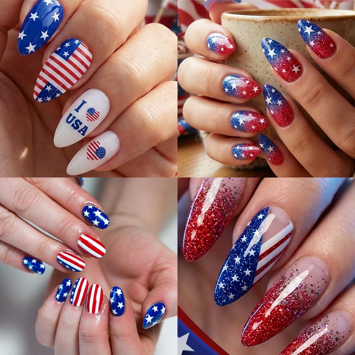 4Sheets 4th of July Gel Nail Strips Stickers Independence Day Full Wrap Nail Stickers American Flag Star Design Patriotic Nail Polish Strips 3D Self Adhesive Summer Holiday Nail Wraps Decals for Women