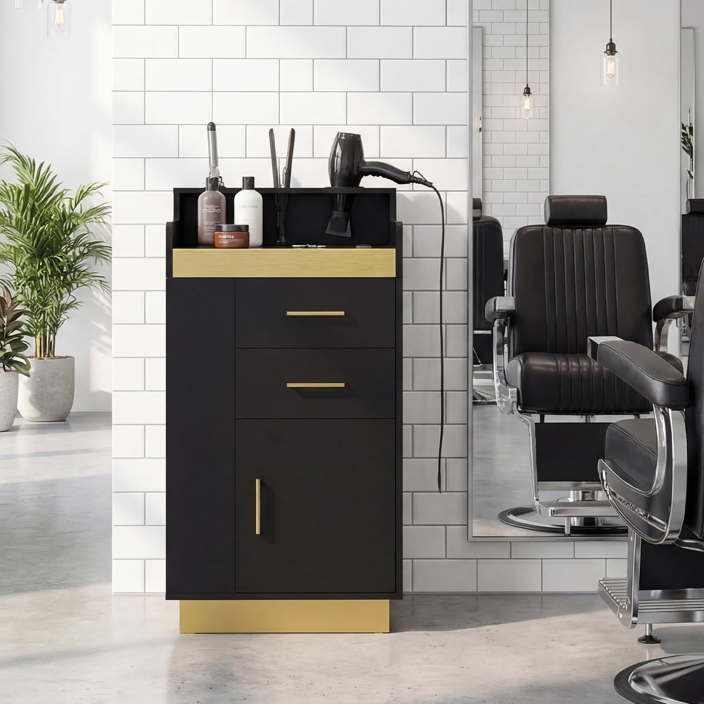 Oakvera Salon Station for Hair Stylist, Barber Station Salon Storage Systems with 3 Hot Tools Holders, a Tray, a Large Storage Cabinet & 2 Drawers for Barbershop, Beauty & Nail Salon, Black
