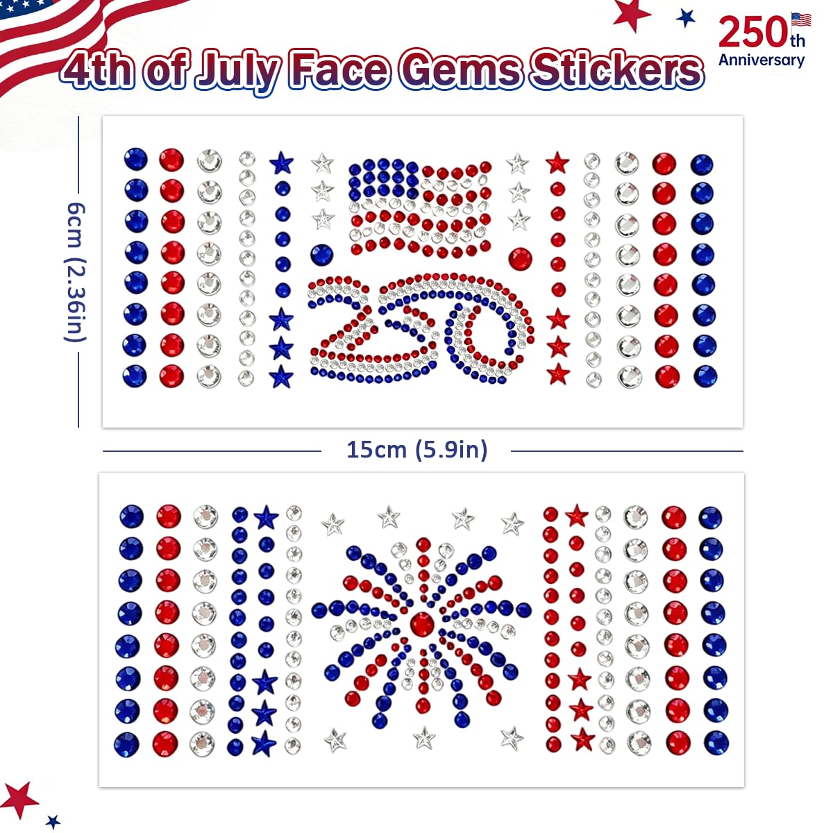 Mysense 4th of July Face Gems Stickers, Red White Blue Rhinestone Face Jewels, 250th Anniversary Flag & Fireworks, Self-Adhesive for Women’s 4th of July Outfits, Makeup & Party Accessories