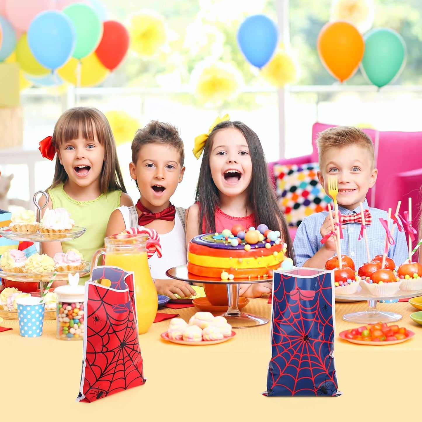 Adarro 40PCS Spider Web Party Favor Bags - Red & Blue Cartoon Goodie Candy Bags for Birthdays