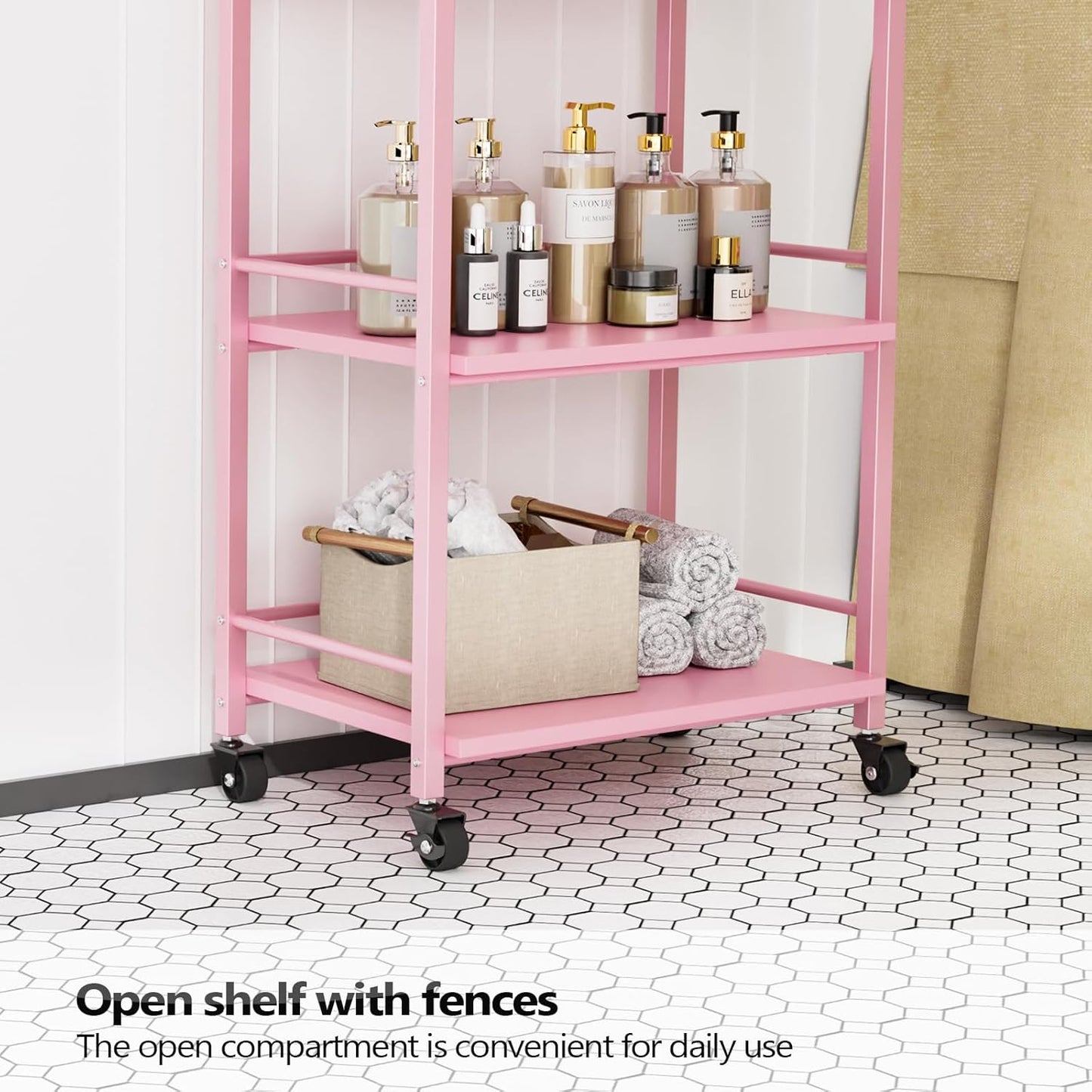 Salon Trolley Cart - Wooden Rolling Storage Station for Beauty | Mobile Utility Cabinet with 1 Drawer & 2 Trays, Pink