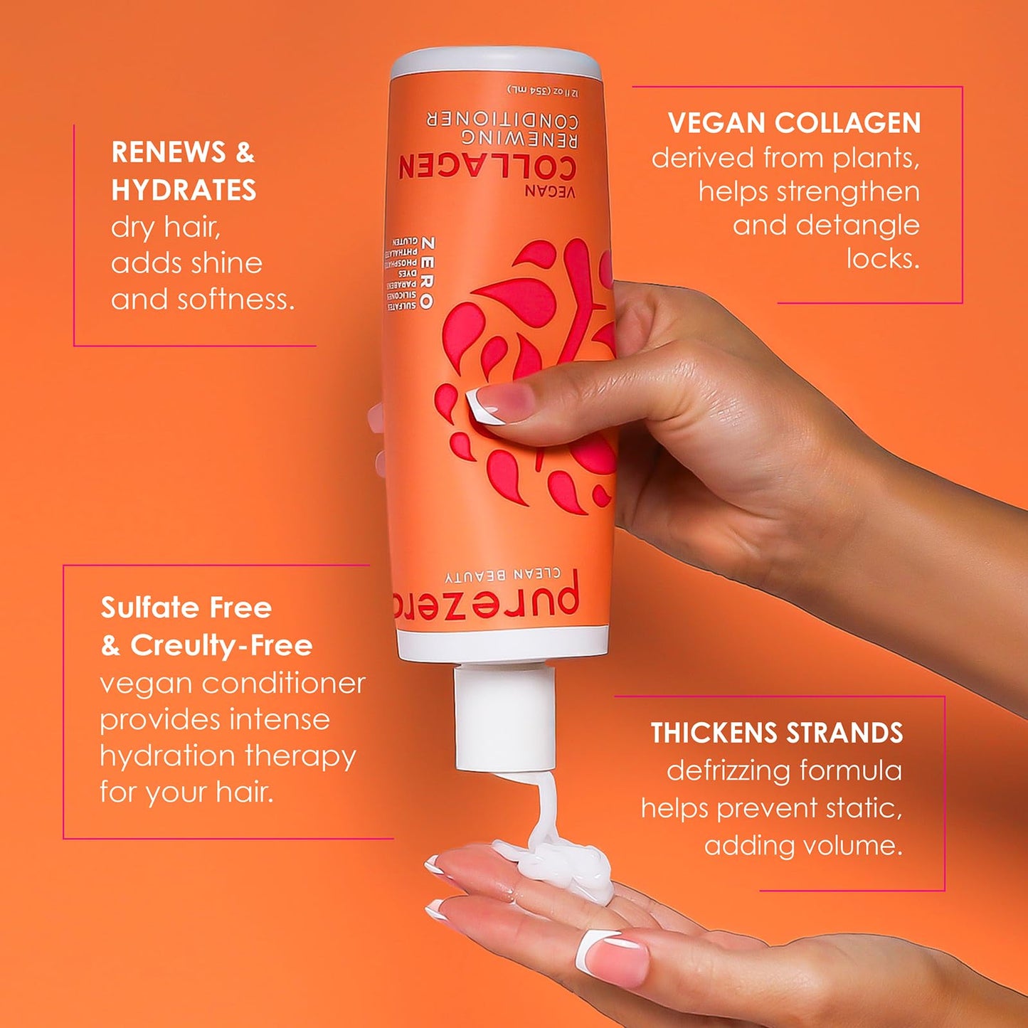 Purezero Collagen Silicone Free Shampoo & Conditioner Set - Strengthening & Hydrating - Duo for Dry or Damaged Hair – Plant-Based Collagen, Sulfate-Free, Paraben-Free, Cruelty-Free, 2 × 12 oz