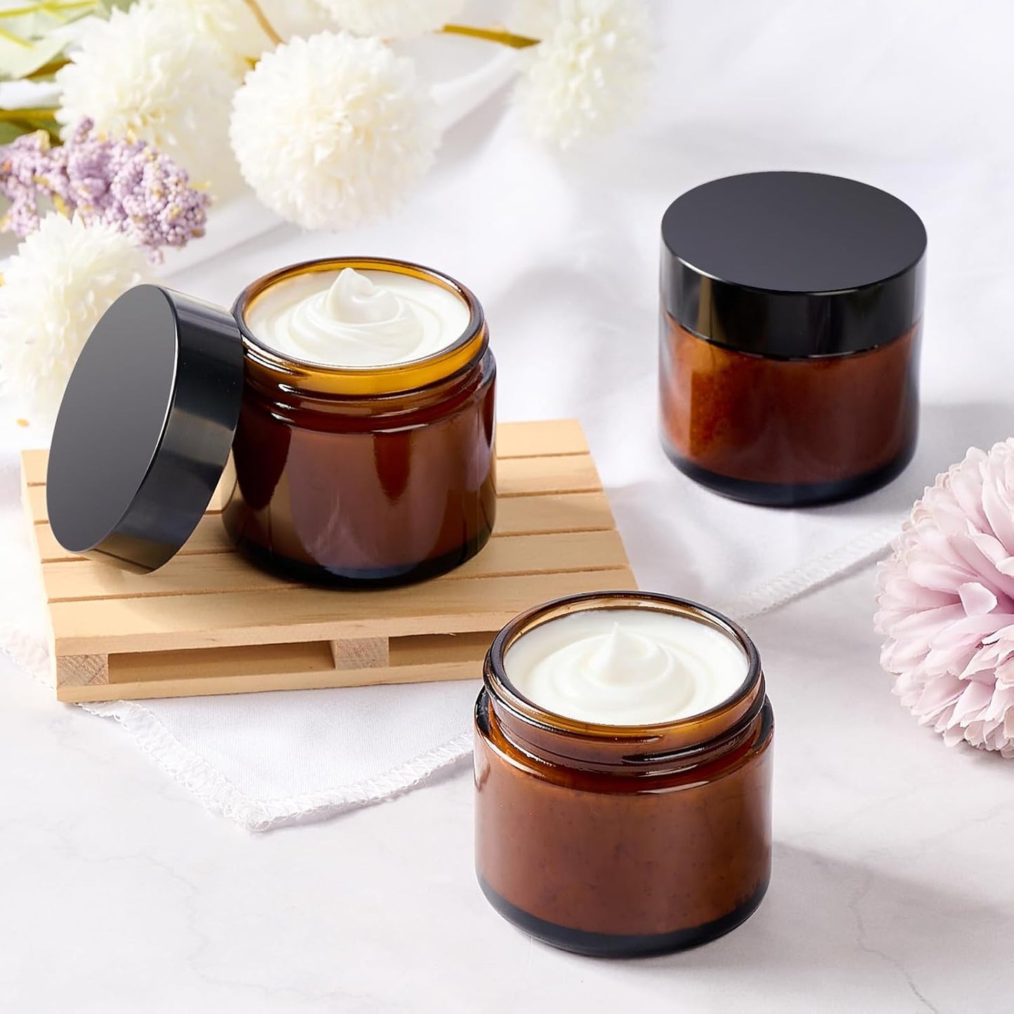 Airtight Amber Glass Jars - 2 Oz Small Cosmetic Containers | 12 Pack for Lotions, Creams, Candles