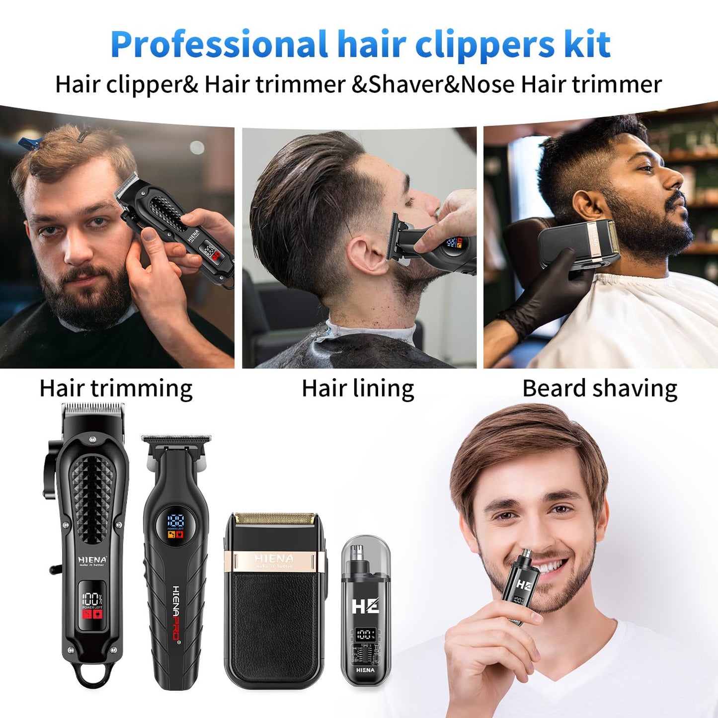 HIENA PRO Professional Cordless Hair Clippers for Men, Beard Trimmer & Elecatric Shaver & Nose Hair Trimmer Set, Rechargeable Barber Hair Cutting Grooming Kit