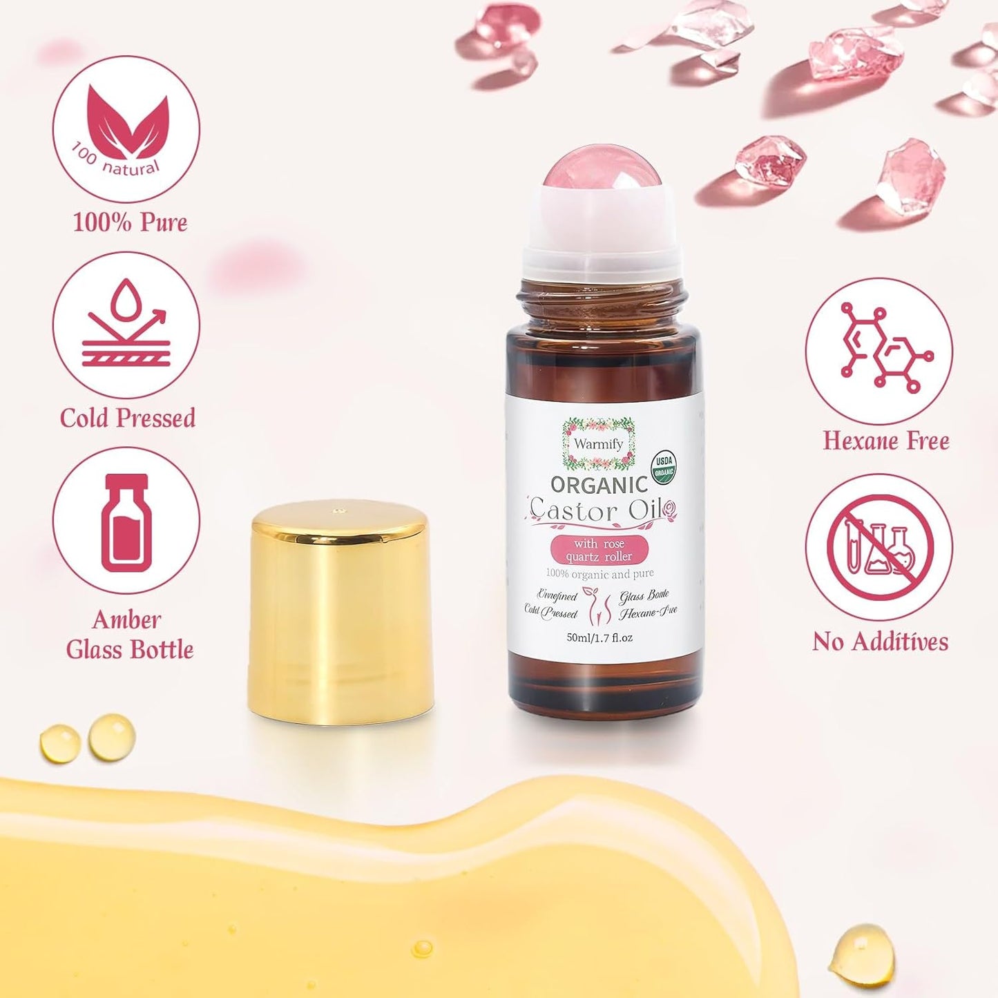 Organic Castor Oil - Rose Quartz Roll-On for Skin Moisturizing | 50ml Cold-Pressed, Hexane-Free, Relaxing Self-Care Gift