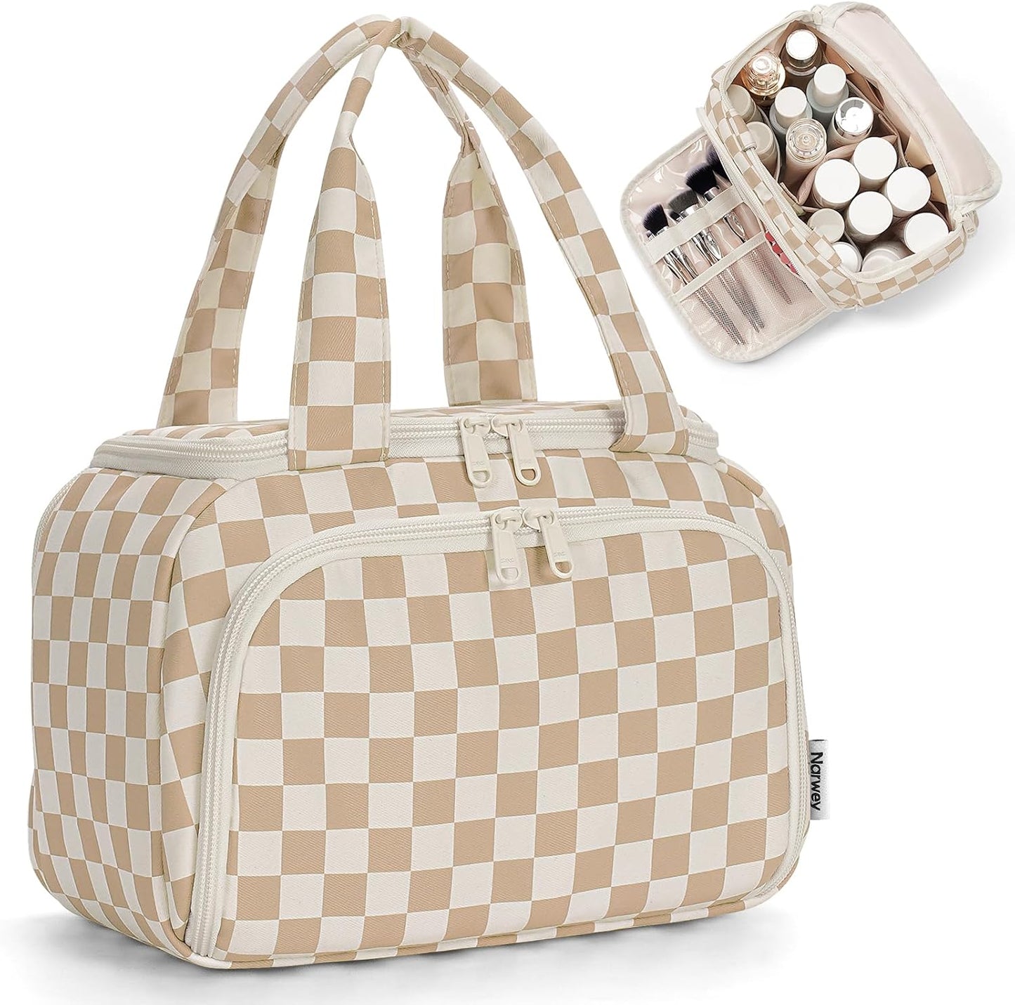 Checkered Travel Toiletry Bag - Large Makeup Organizer with Handle | Mint Green Checkerboard