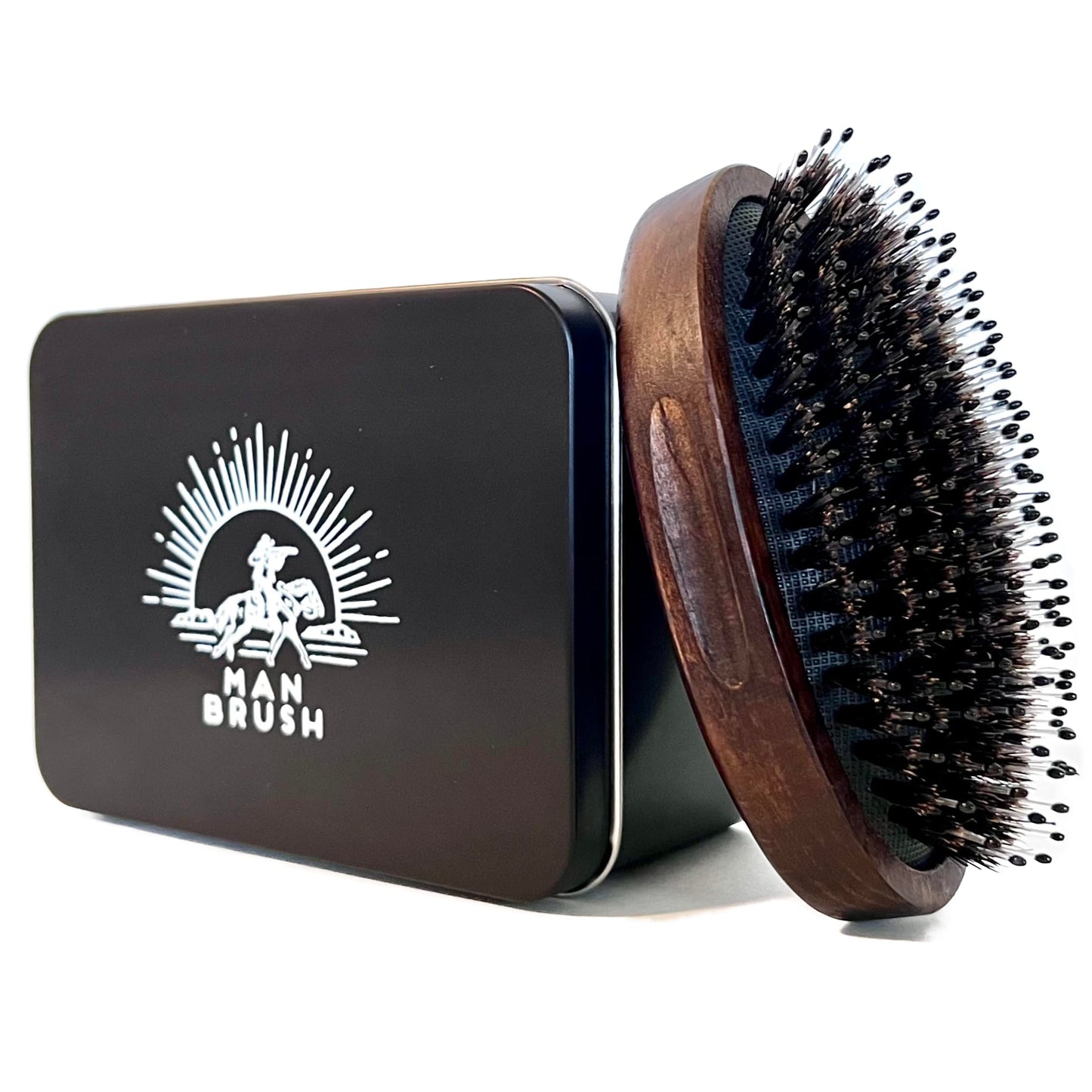 MANBRUSH Beard Brush for Men – Boar Bristle & Nylon Military-Style Palm Brush – Dual Soft & Stiff Bristles for Hair & Beard Grooming – Travel Size – Gift Tin Included
