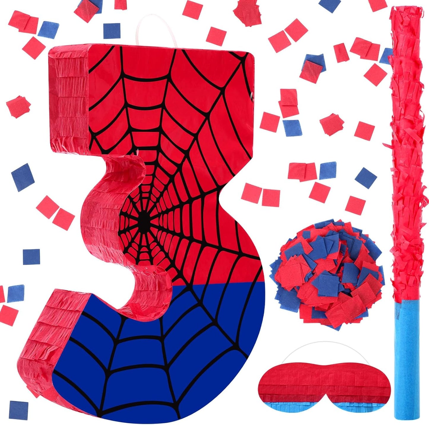 Spider Web Piñata Bundle - Number 4 Piñata for Kids Birthday Party | Red & Blue, 15.75 x 11 x 2.8 In