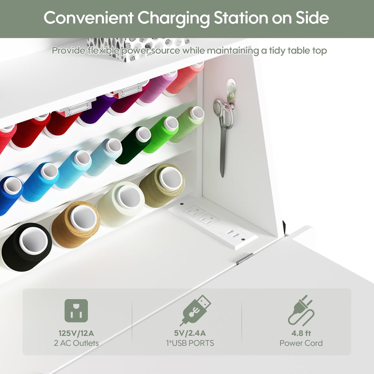Portable Sewing Table - Folding Sewing Machine Cabinet with Charging Station | 23 Spools Thread Rack for Small Spaces (White)