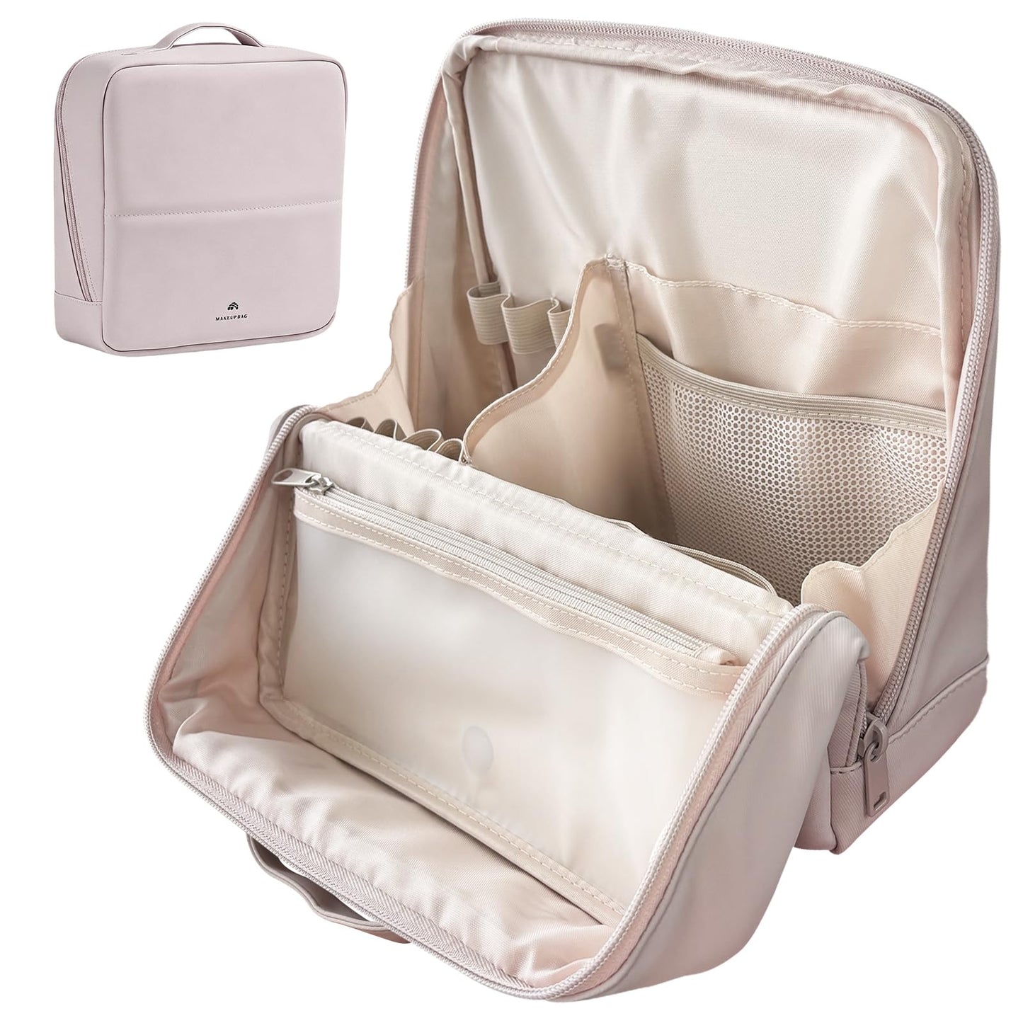 seektik Standing Makeup Bag for Women Large Waterproof Cosmetic Bags with Compartments Foldable Travel Make up Storage Bag Organizer for Toiletries & Brushes with Detachable Dividers (Light Pink)