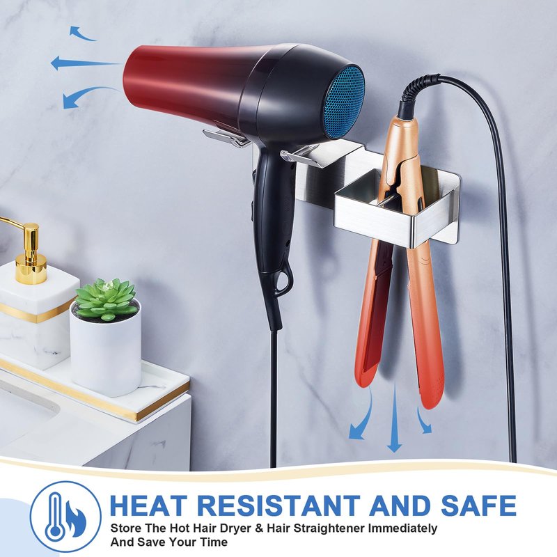 Hair Dryer Holder Wall Mounted, Hair Straightener Holder Metal, Adhesive Blow Dryer and Hair Straightener Holder, Bathroom Bedroom Hair Tool Organizer for Flat Iron,Curling Iron,Hairdryer (Sliver)