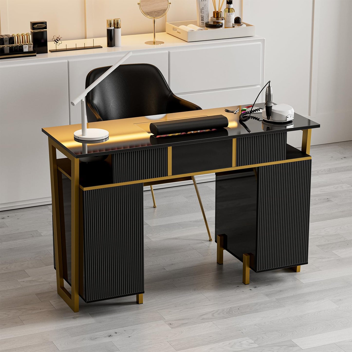 Belandi Manicure Table with Visualized Drawer, High Glossy Nail Desk w/Metal Frame&Wrist Cushion, Beauty Salon Workstation for Nail Tech, Black