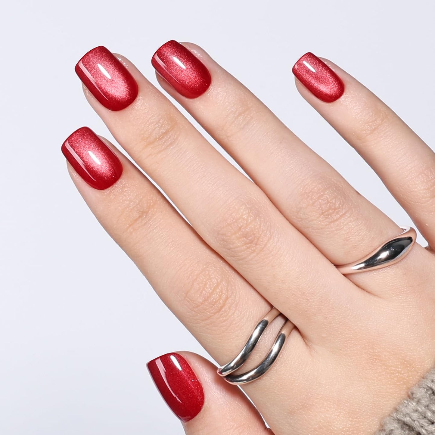 Red Cat Eye Press On Nails - Almond Short Reusable Fake Nails | 32pcs in 16 Sizes, Garnet Color