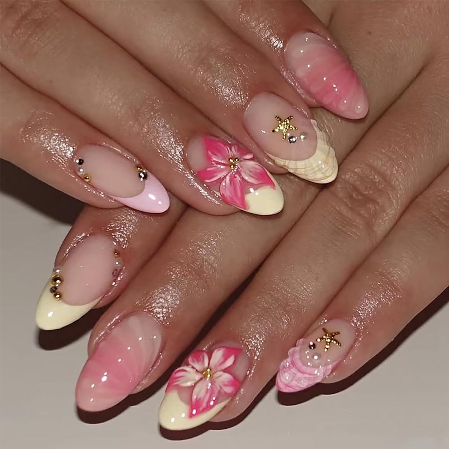Colorful Summer Press-On Nails - Medium Almond Blue Ocean & Fish Designs | 30PCS Glossy Beach Nails for Women