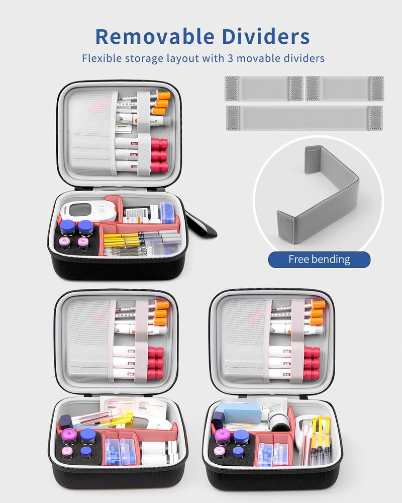 Krypthos Diabetic Supplies Travel Case, Portable Diabetes Organizer for Glucose Meter, Blood Sugar Test Strips Kit, Insulin Pens, Vials, Syringes, Lancing Device and More with Adjustable Dividers