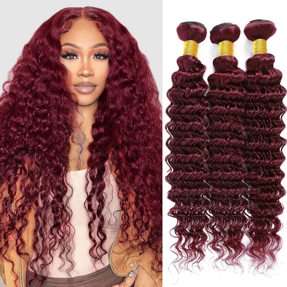 26 28 30 Inch #99J Burgundy Bundles Deep Wave Bundles Human Hair Wine Red Deep Wave Bundle Unprocessed Brazilian Virgin Weave Hair 3 Bundle 50 Gram Per Bundle for Black Women
