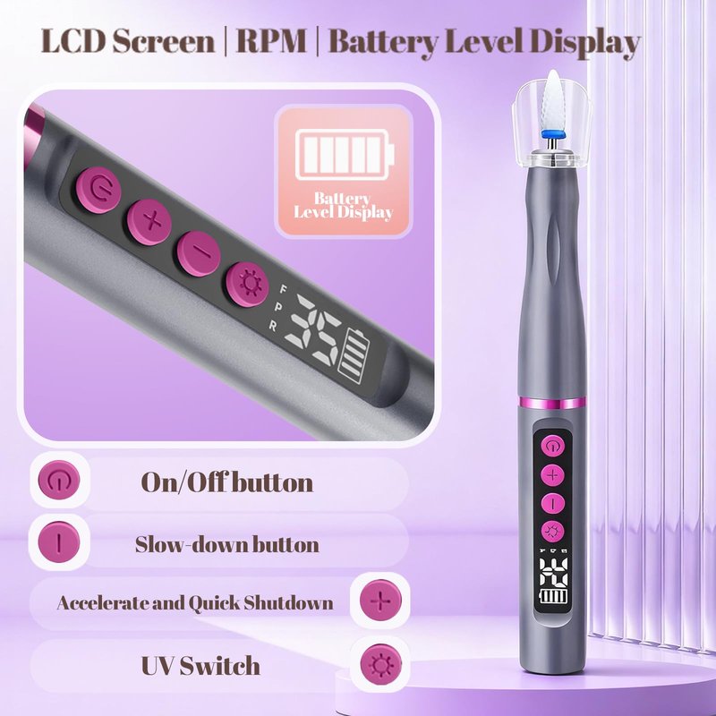 Electric Nail Drill with UV Lamp 6 in 1 Cordless Nail File Portable Efile Nail Set 35000 RPM Professional Rechargeable Nail Drill Machine for Acrylic Gel Nail Manicure Pedicure for Home