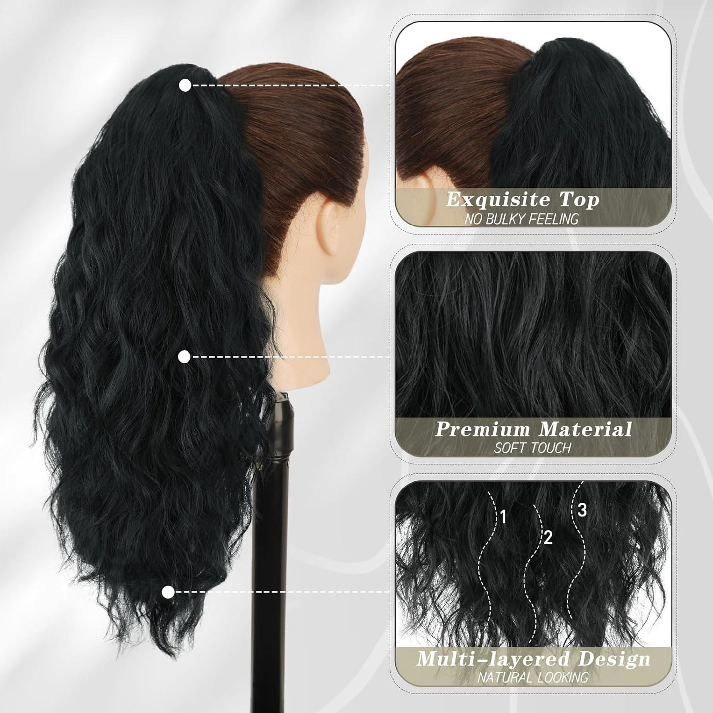 Black Ponytail Extension - 18 Inch Curly Claw Clip Hairpiece for Women | Natural Black Multi-Layered Synthetic Ponytail