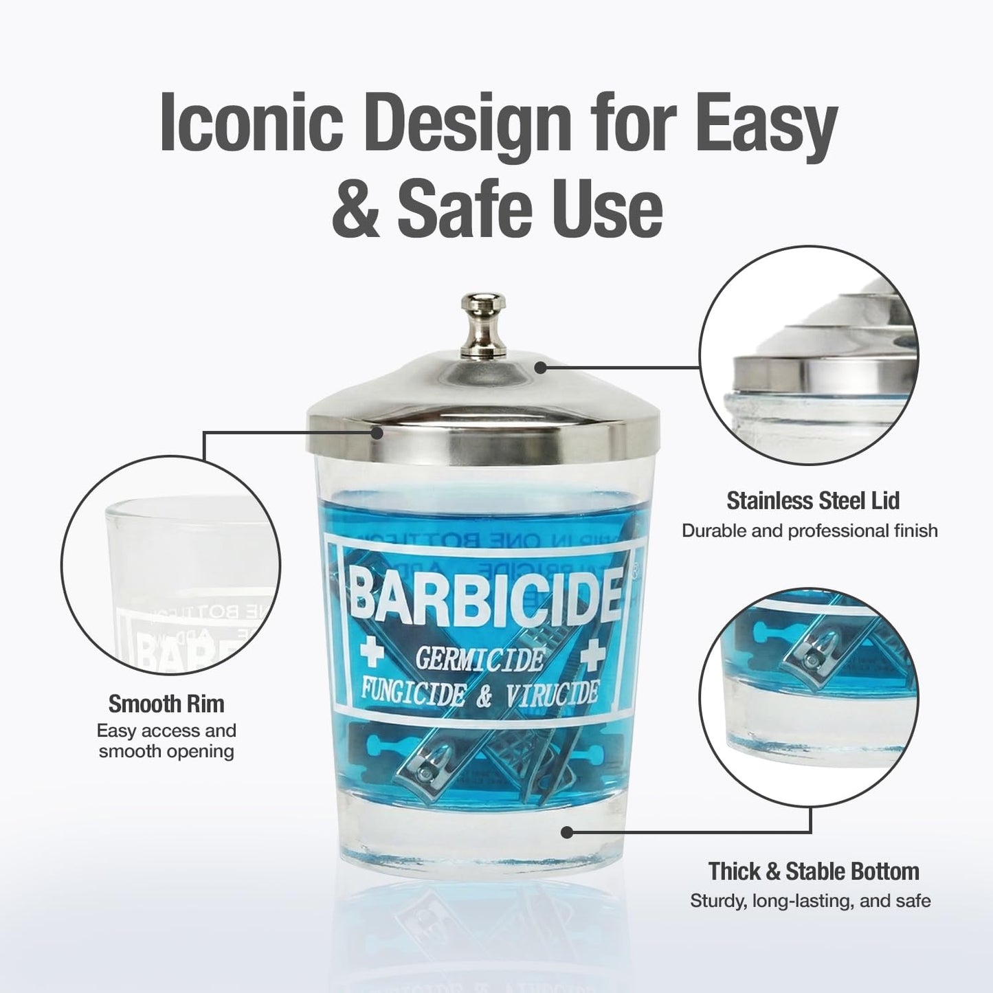 BARBICIDE Disinfectant Jar (Small - 4 Fl Oz) – Durable Glass Immersion Container with Stainless Steel Lid and Tray – Professional Barber Tool Sanitizer for Combs, Nail Tools, Brushes & Implements