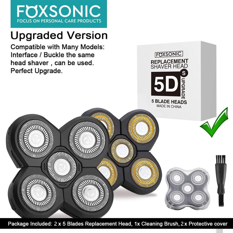 Universa 2Pcs 5 Blades Replacement Heads for Mainstream head shaver brands, Head Shaver Replacement Blades (5 Black+ Gold)