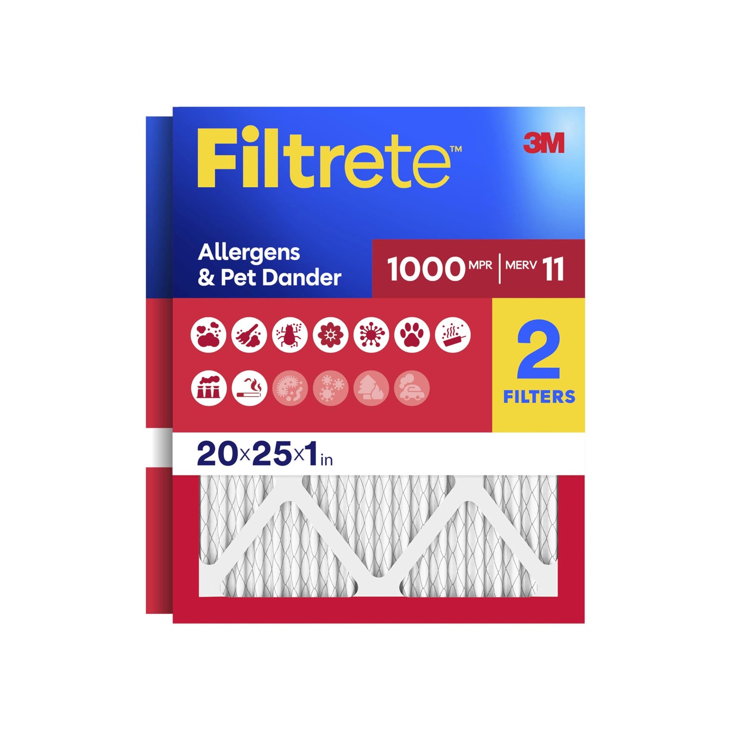 Filtrete 20x25x1 AC Furnace Air Filter, MERV 11, MPR 1000, Micro Allergen Defense, 3-Month Pleated 1-Inch Electrostatic Air Cleaning Filter, 2 Pack (Actual Size 19.688 x 24.688 x 0.84 in)