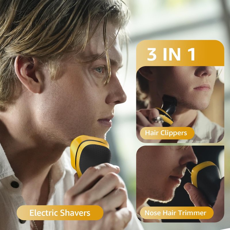 rategist Rechargeable Electric Razor for Men: 3-in-1 Shaver for Beard/Nose/Sideburns - IPX7 Waterproof Travel Kit - Turbo Speed & Precision Blades,Cyber Yellow