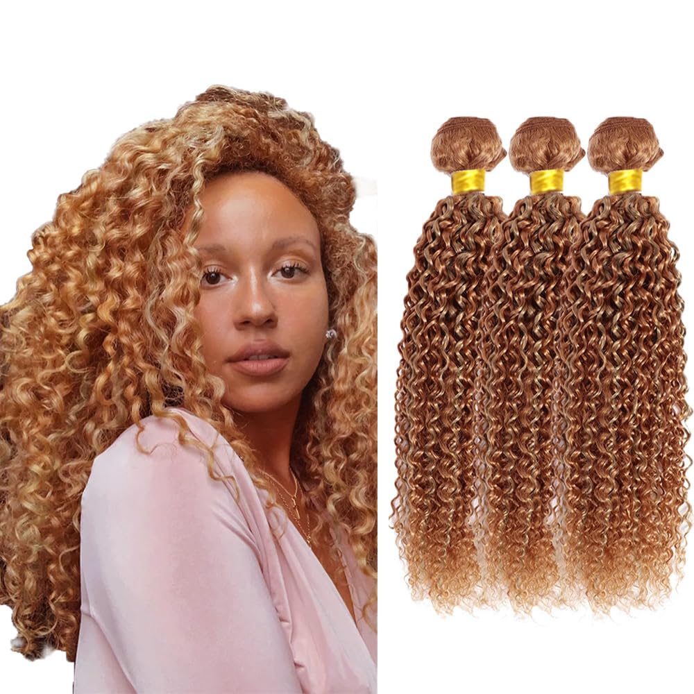 P27/30 Blonde Bundles Kinky Curly Bundles Human Hair 22 24 26 Inch #30 Light Brown Deep Curly Bundle Unprocessed Brazilian Virgin Weave Hair 3 Bundles 100 Gram Per Bundle