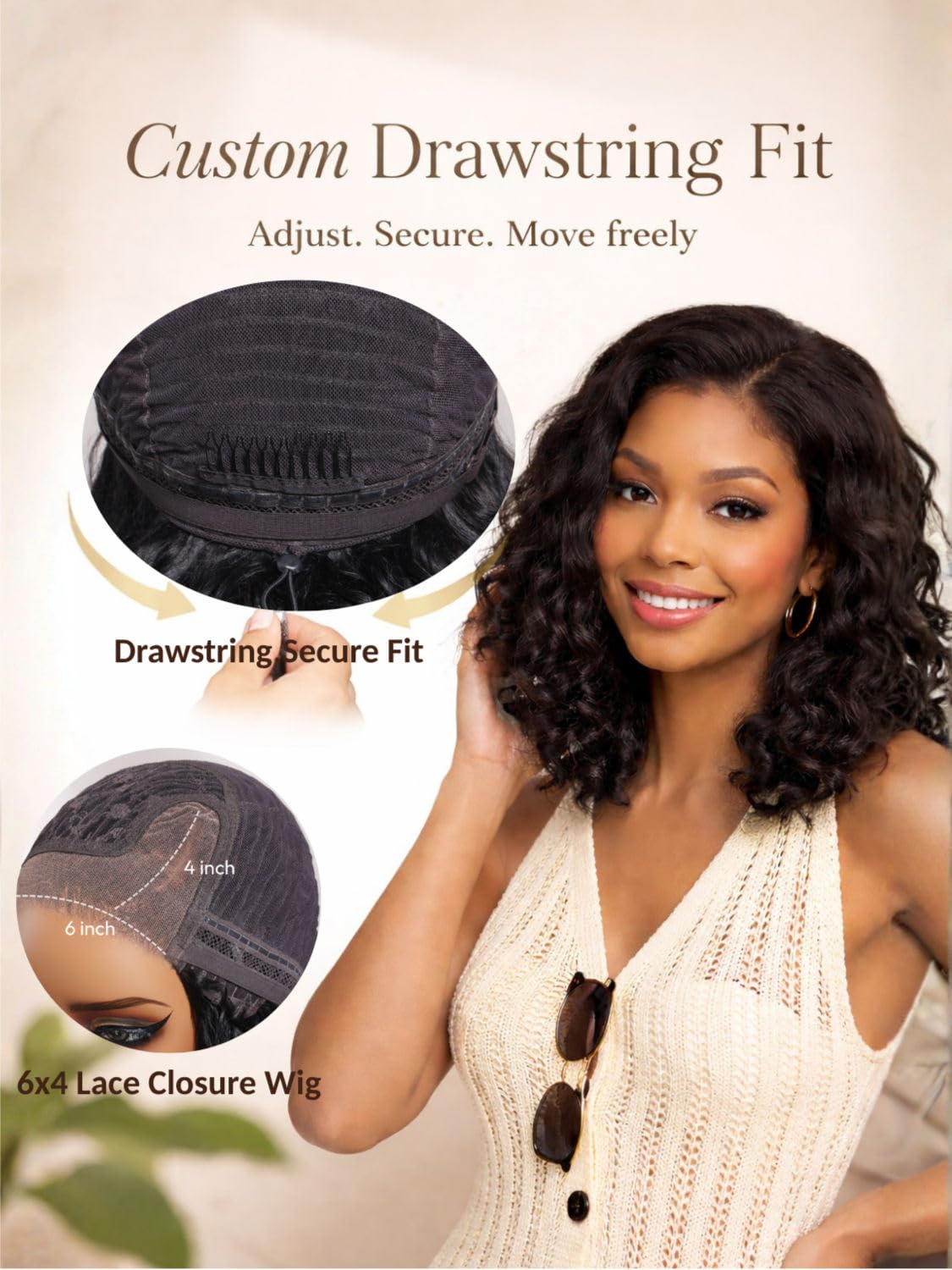 Beauty Forever Glueless Bob Wig Human Hair Water Wave 6x4 Lace Closure Pre Cut Pre Plucked Bye Bye Slip Secure Fit Side Part 250 Density Drawstring Short Curly Bob Wig for Black Women 12inch