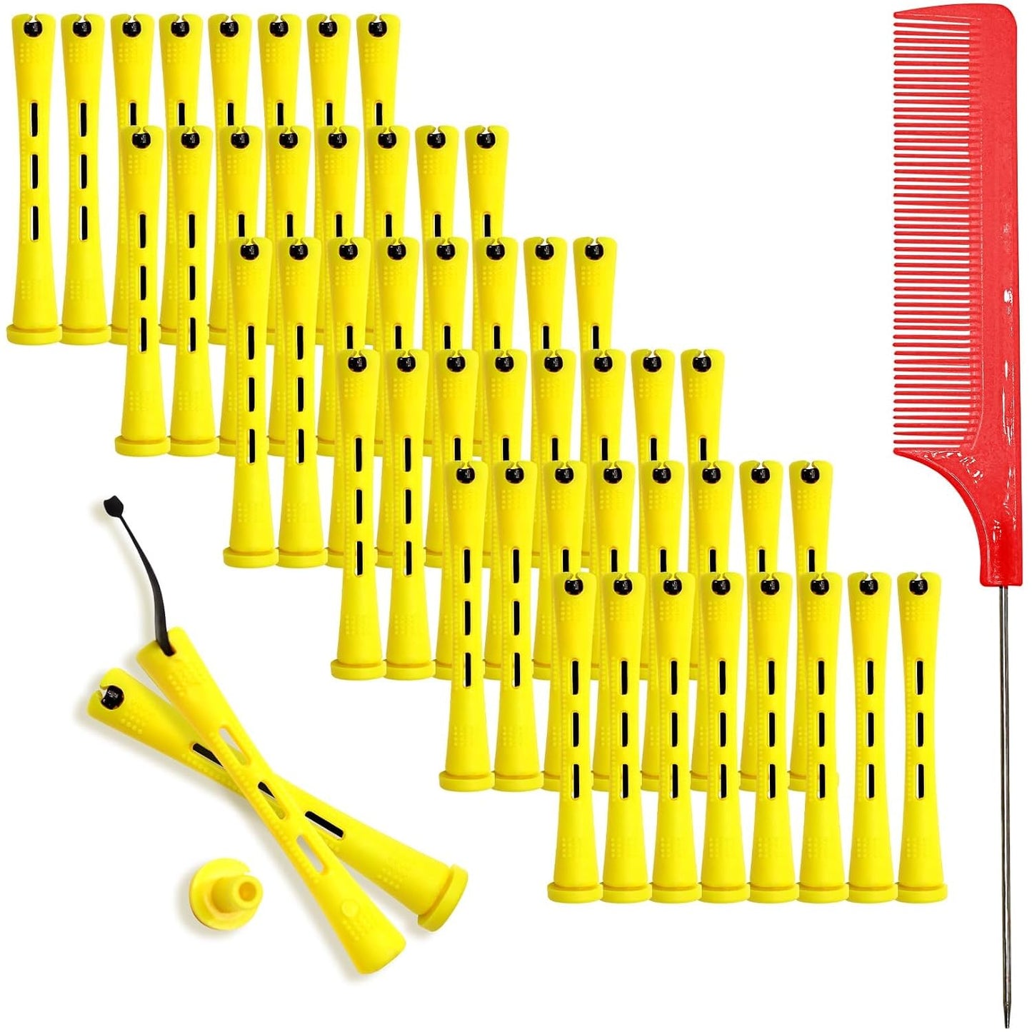 Small Perm Rods for Long Hair - 48 Pcs Heatless Curling Rollers with Rat Tail Combs | Yellow 0.28 x 3.23 Inch
