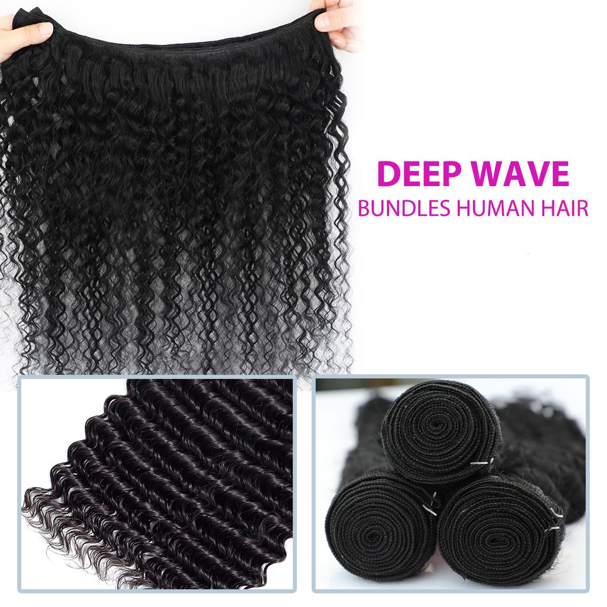 12A Deep Wave Human Hair Bundles 28 Inch Curly Bundles Human Hair 1 Bundles Human Hair 100% Unprocessed Brazilian Virgin Hair Extensions for Women Wet and Wavy Hair Bundle Weave Natural Black