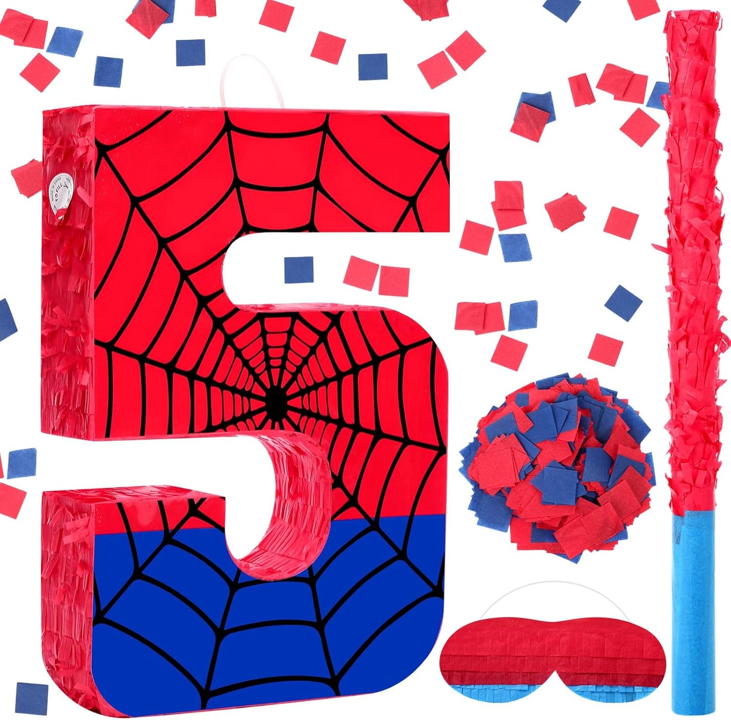 Spider Web Piñata Bundle - Number 4 Piñata for Kids Birthday Party | Red & Blue, 15.75 x 11 x 2.8 In