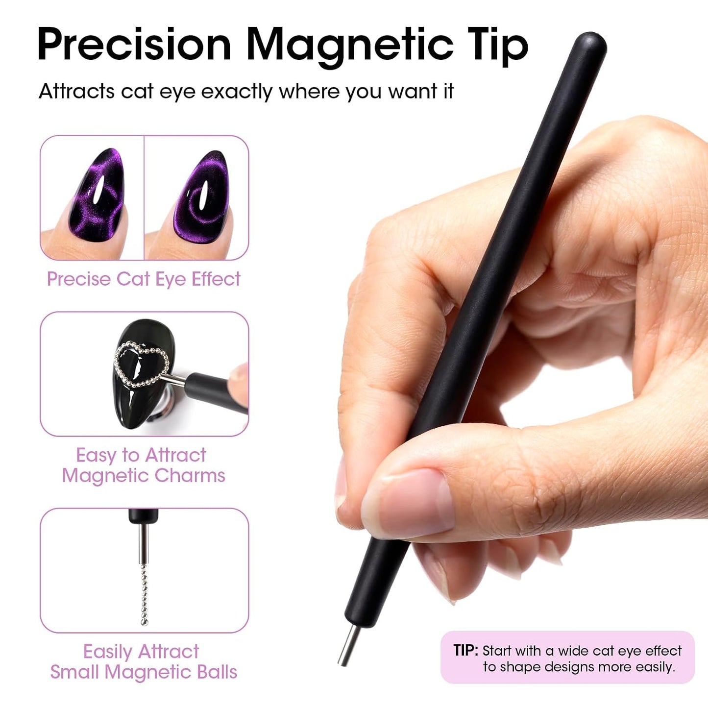 Cat Eye Nail Magnet Set - Strong Double-Ended Magnet Pen with 8mm & 10mm Balls | French Tip Guide Plates & Bunny/Heart Designs