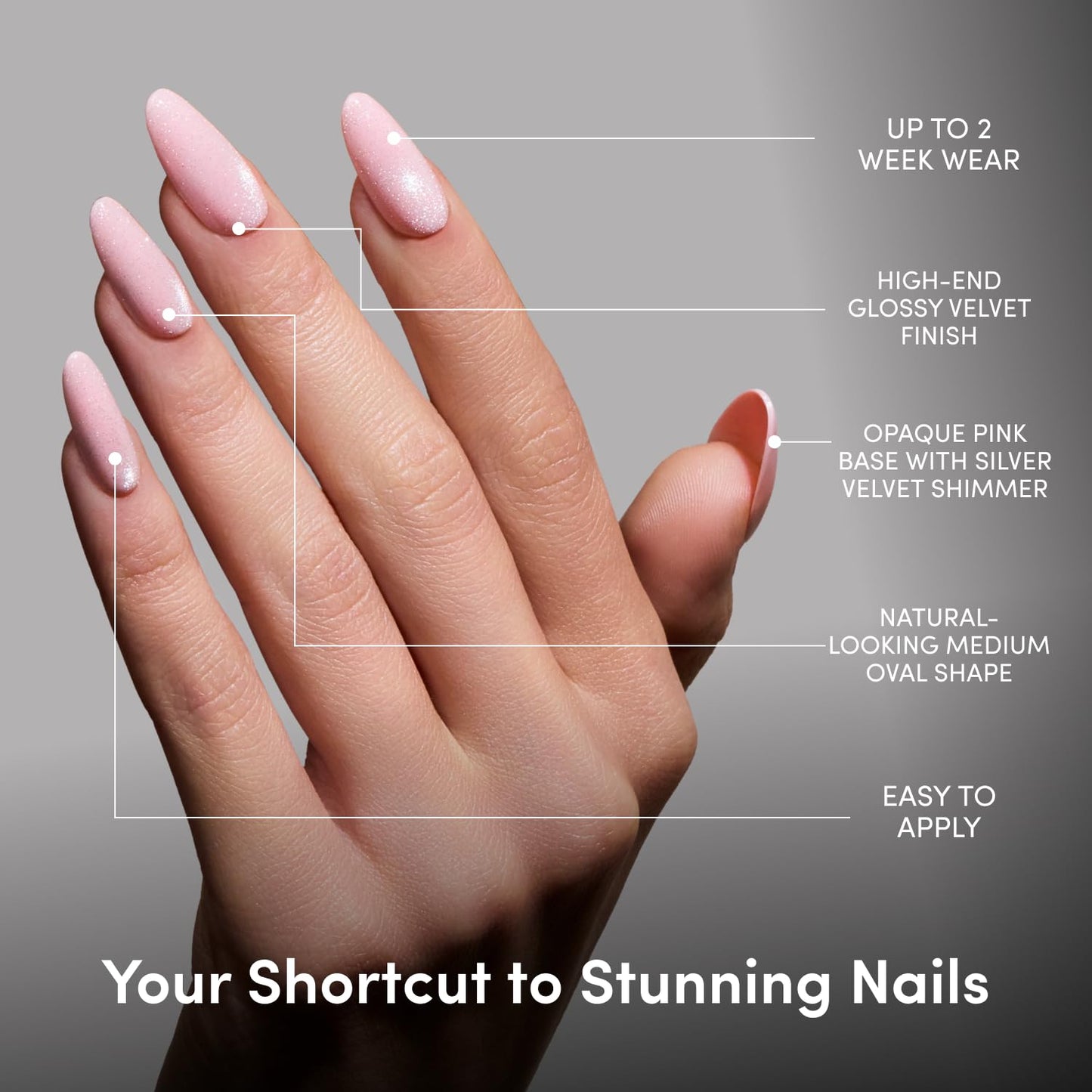 Glamnetic Press On Nails - Medium Oval Fake Nails | Velvet Pink Shimmer Press On Nails, Salon Quality with Glue | Pink Darling - 30 Nail Set in 15 Sizes