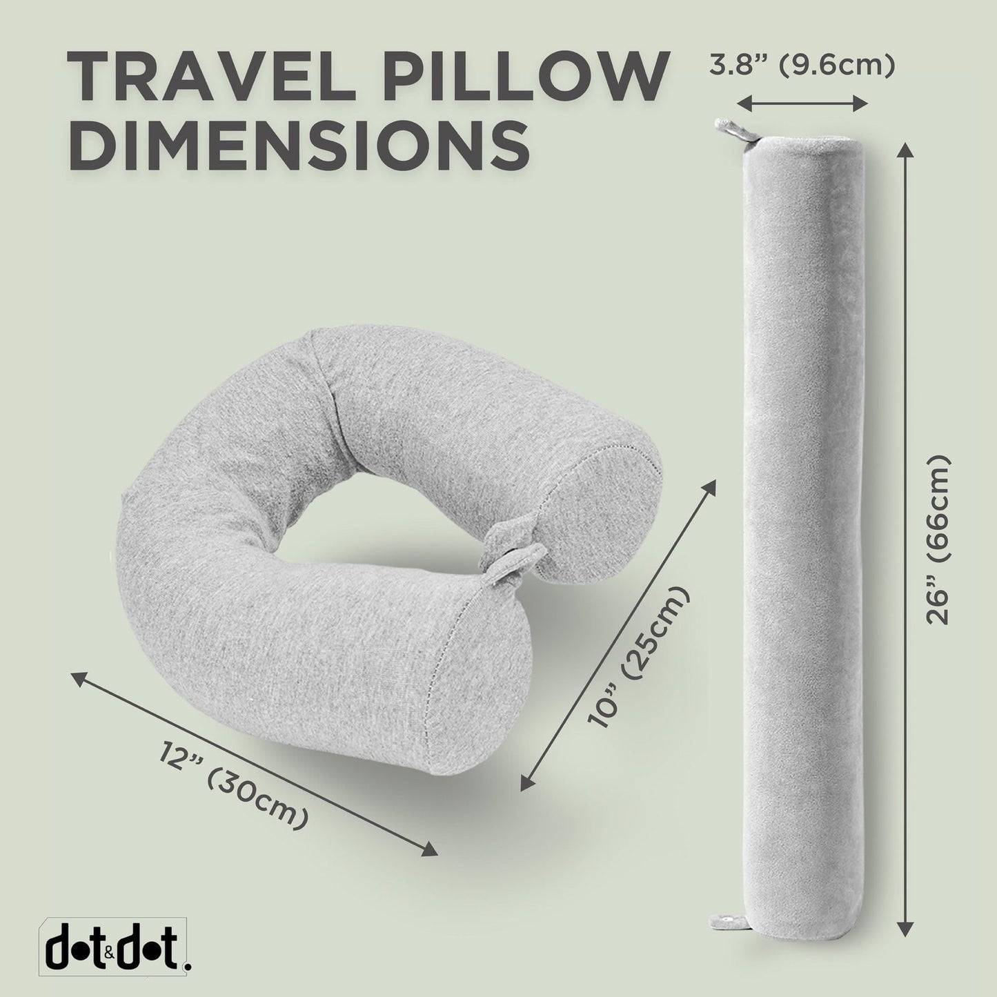 Dot&Dot Twist Memory Foam Travel Pillow, Bendable Neck Pillow for Airplane, Car and Home, 26-Inch Adjustable Roll with Washable Cotton Cover, Gray