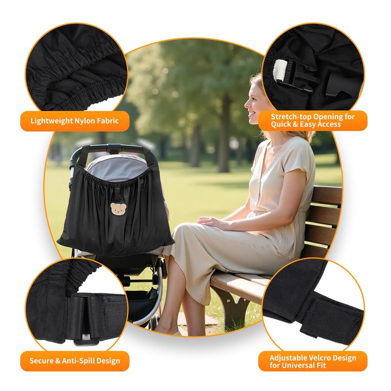 Universal Stroller Organizer, Nylon Stroller Storage Bag for Baby Essentials, Large Capacity Stroller Organizer Bag with Hook & Loop, Cargo Bag for Umbrella & Pet Stroller Accessories (Black Bear)