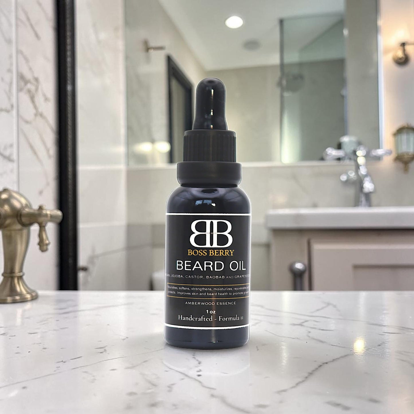 BOSS BERRY Sovereign Beard Elixir (Amberwood Essence) for Men - Natural Beard Growth with Argan, Castor, Hemp and Baobob Oil - 100% Organic, Sandalwood Fl Oz