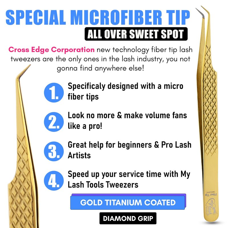 Fiber Tip Lash Tweezer 45 Degree Tip – Non Slip Diamond Grip, Precision Stainless Steel Eyelash Extension Tool, Professional Volume & Classic Lash Applicator for Salon and Home Use (Gold)
