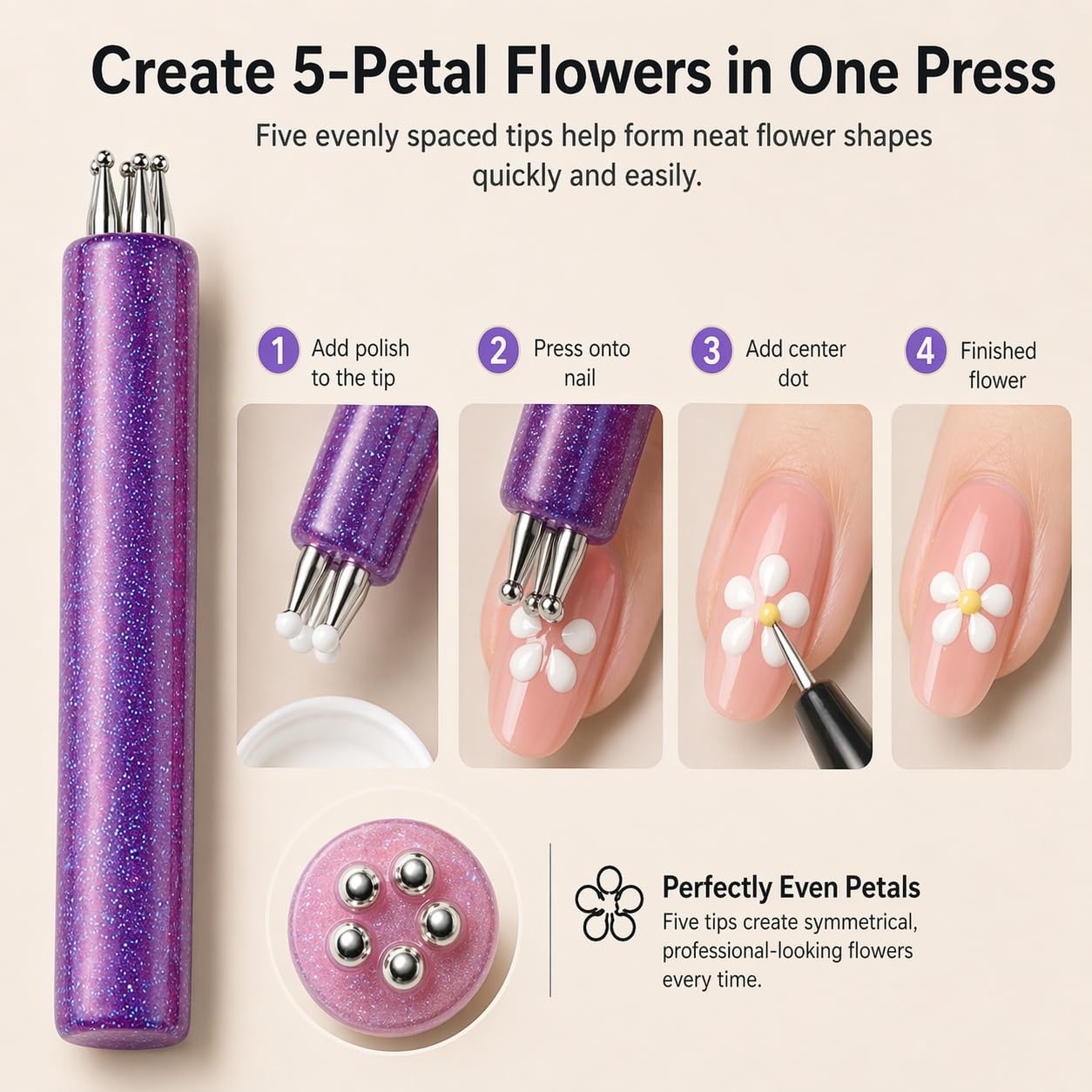 4 Pack 5 Petal Flower Nail Dotting Pen, 1.8mm Fine Tip One Stroke Flower Design Tool, Glitter Handle Nail Art Dotting Tool for DIY Manicure, Rhinestones, Sculpting, Salon