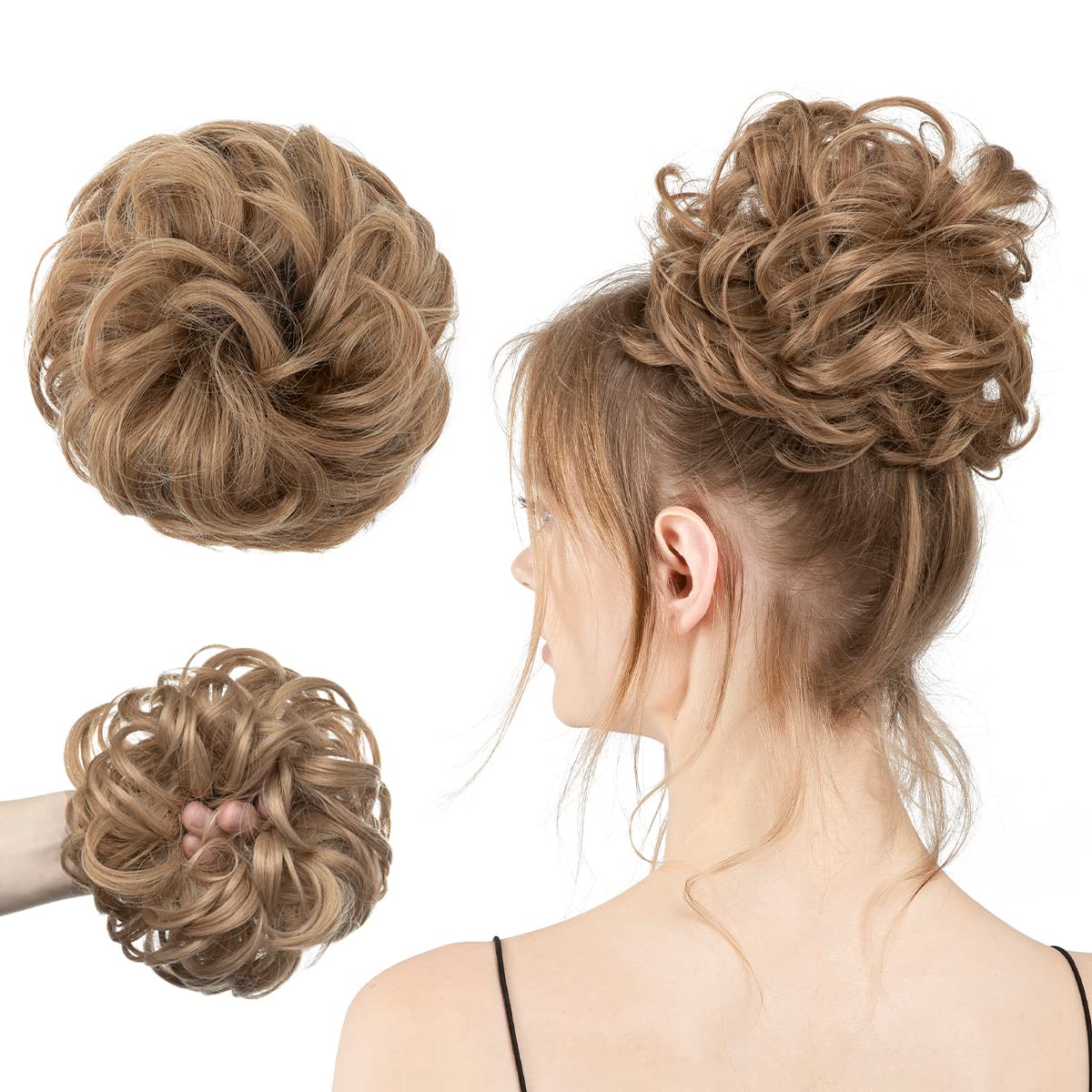 Large Messy Bun Hair Piece - Wavy Curly Synthetic Chignon Ponytail Extensions | Thick Updo in Light Auburn