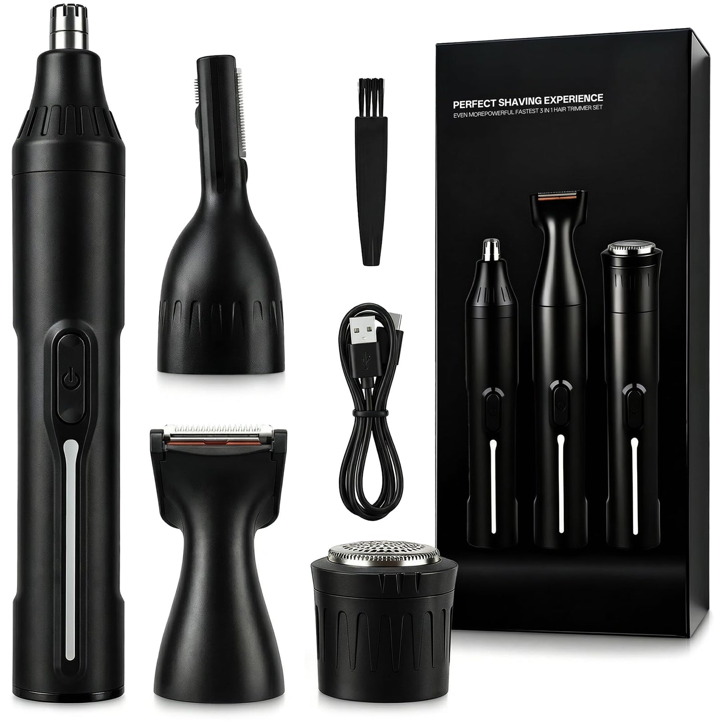 Rechargeable Nose Hair Trimmer - 4-in-1 Ear Eyebrow Beard Grooming Kit for Men & Women, Waterproof Quiet Motor, Fast Charging | 11000 RPM | Portable Travel Size Nose Trimmer Beard Trimmer (Black)