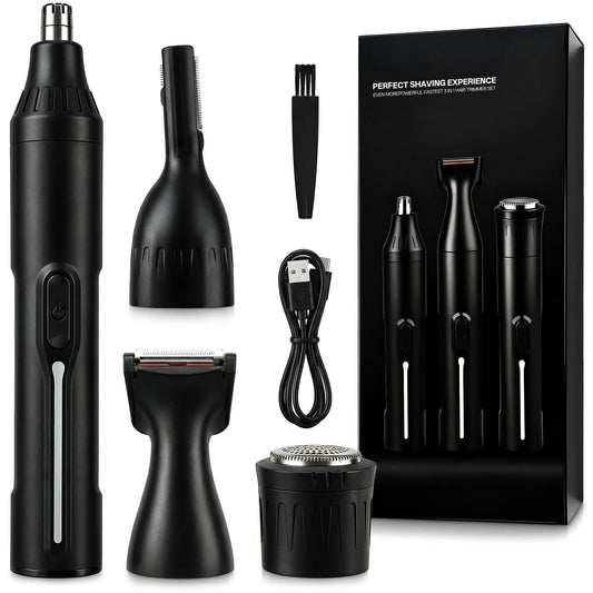 Rechargeable Nose Hair Trimmer - 4-in-1 Ear Eyebrow Beard Grooming Kit for Men & Women, Waterproof Quiet Motor, Fast Charging | 11000 RPM | Portable Travel Size Nose Trimmer Beard Trimmer (Black)