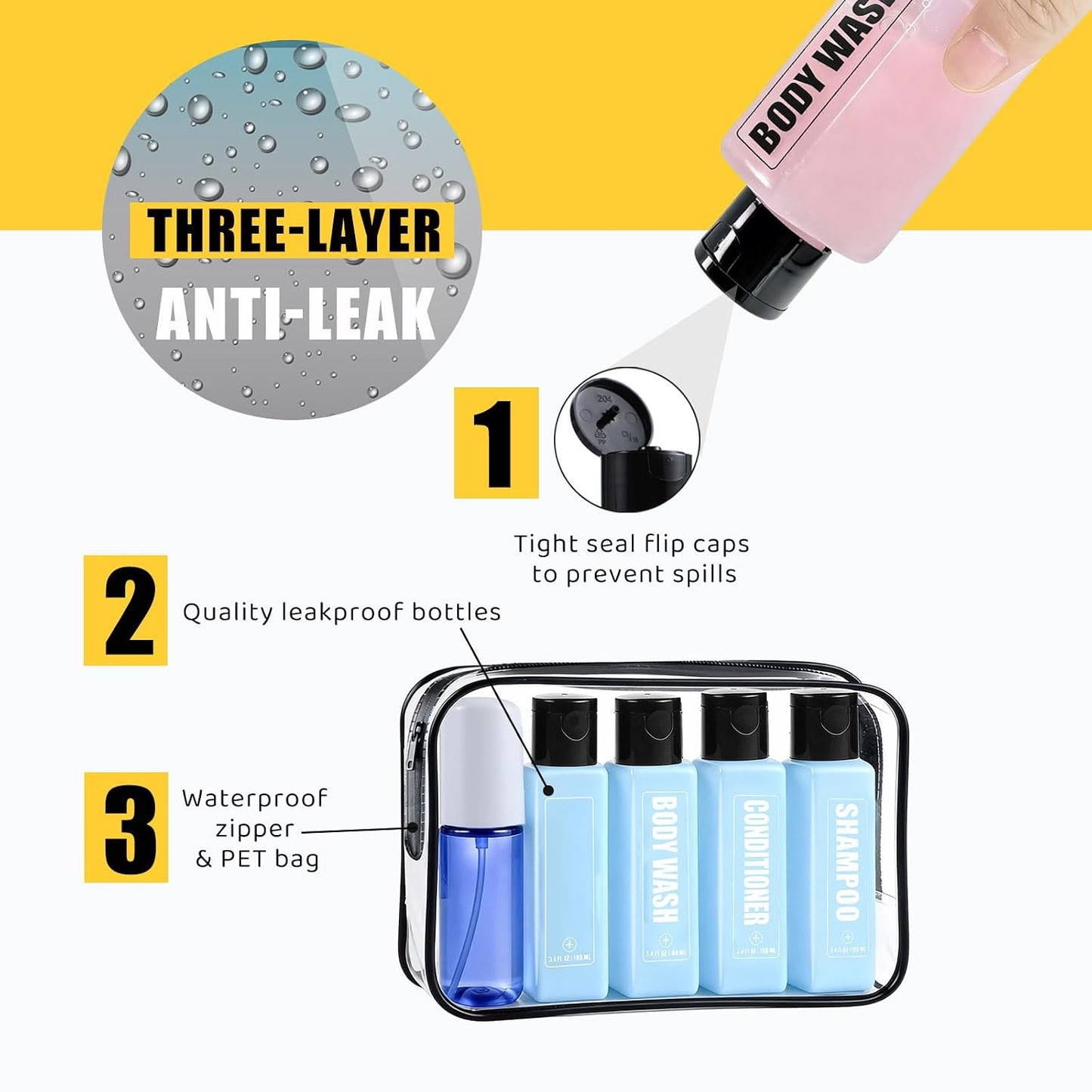 Travel Bottles for Toiletries - 3.4oz TSA Approved Leak Proof Shampoo & Conditioner Containers | 5 Pack Clear Plastic